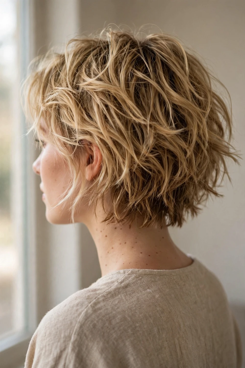 Textured tousled bob with choppy ends and beachy waves