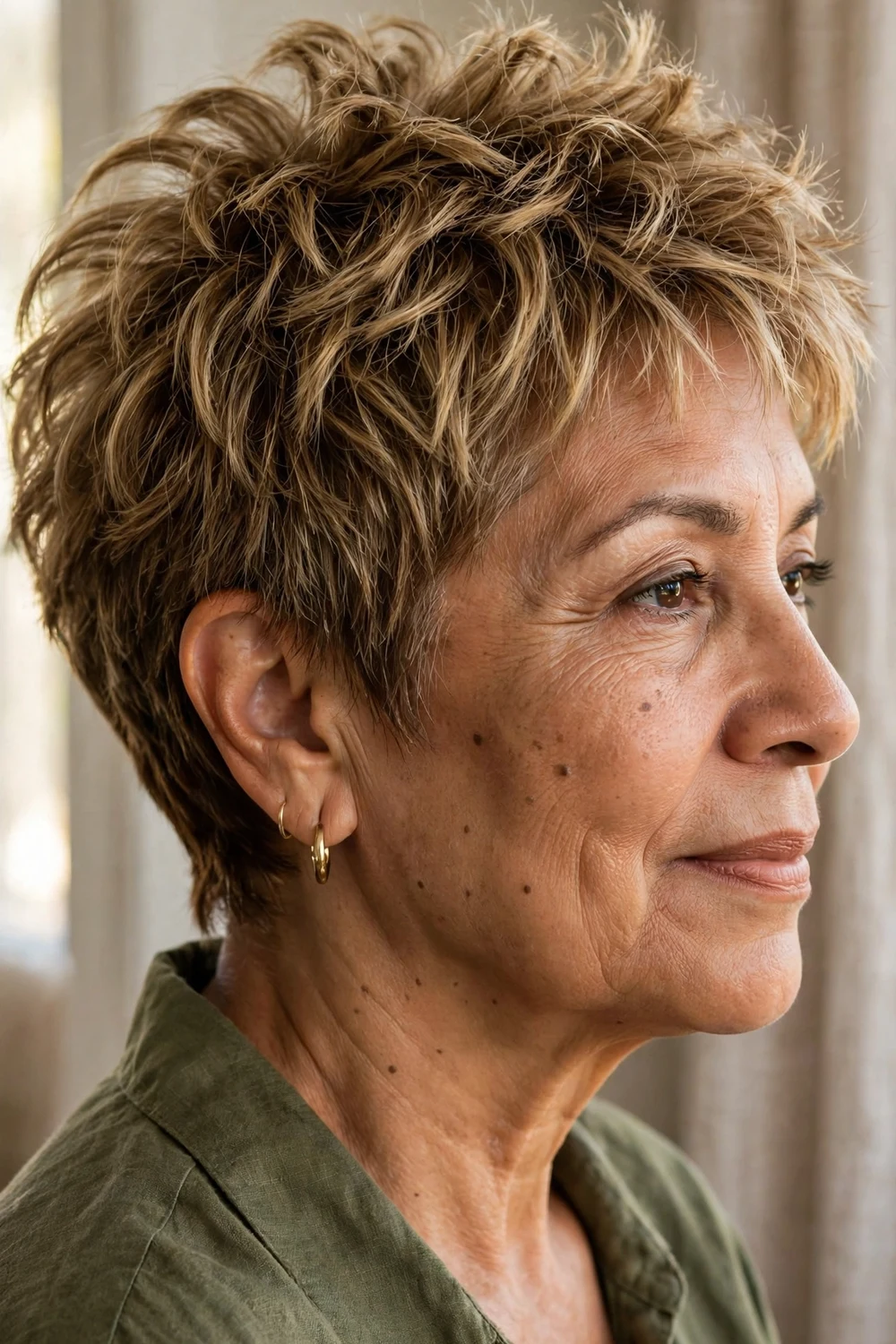 Side view of a textured volume pixie with piecey layers on a woman over 50 with thin hair