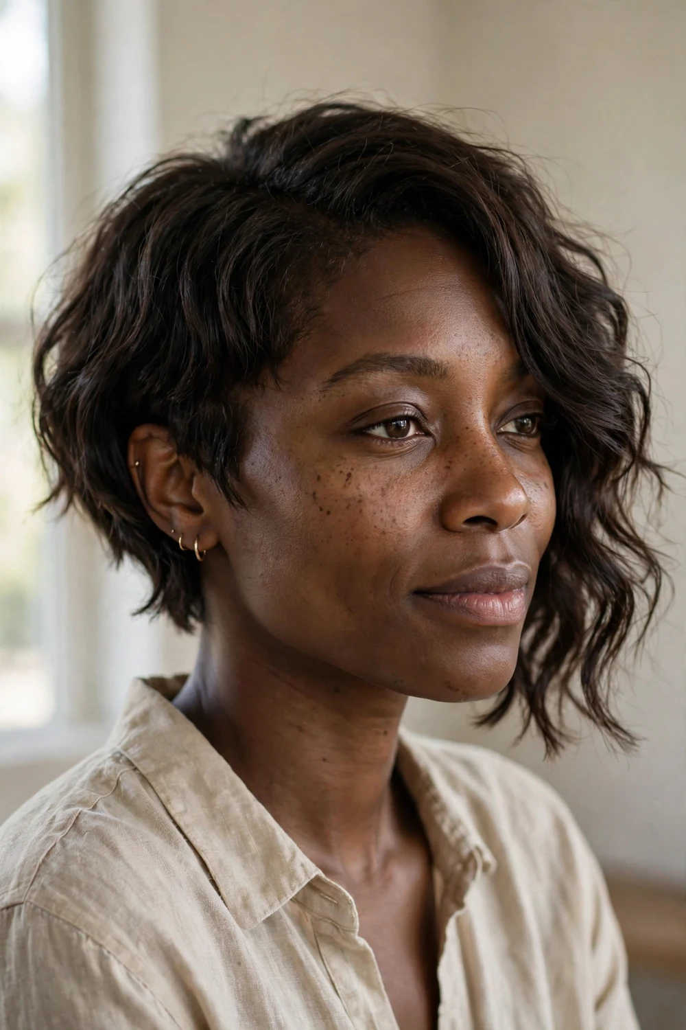 Black woman with textured wavy asymmetrical bob, soft bends through an angled cut