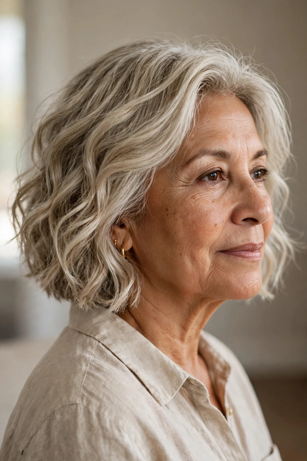 Textured wavy bob with soft waves on a woman over 60 with fine hair
