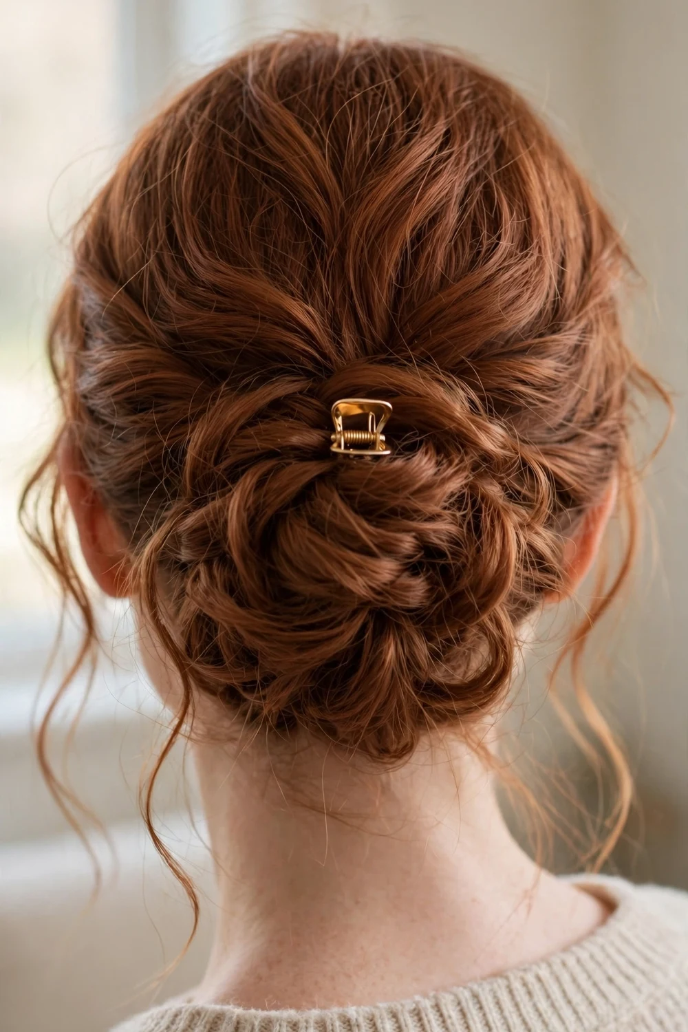 Textured wavy updo with gold claw clip on thin fine auburn hair