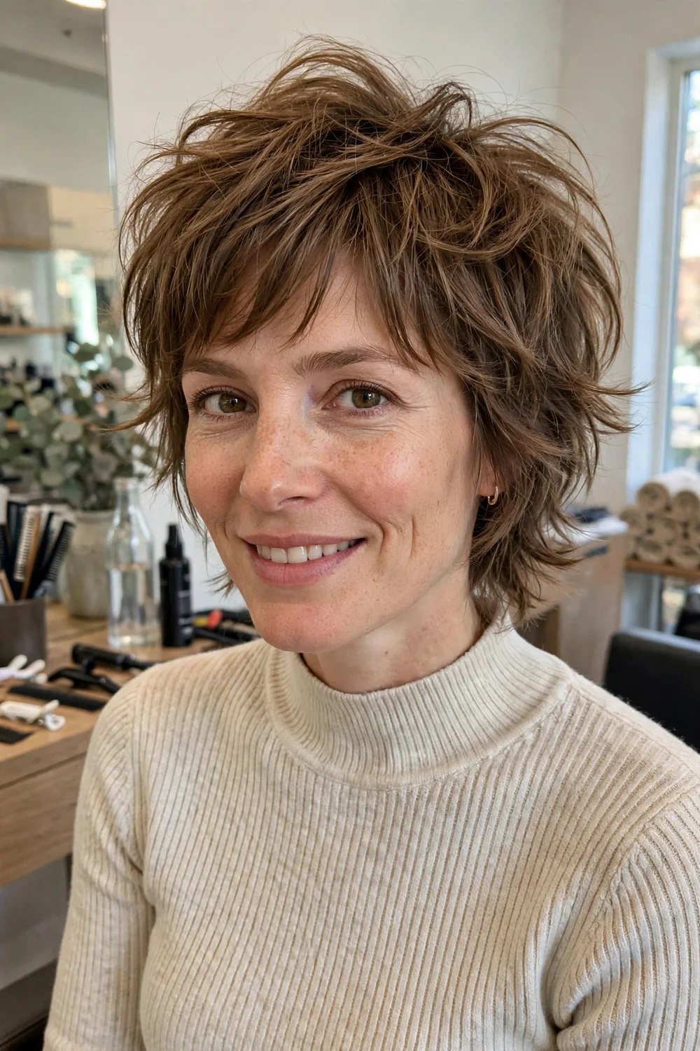 Textured wolf cut hairstyle with choppy layers, lifted crown volume, and separated textured strands