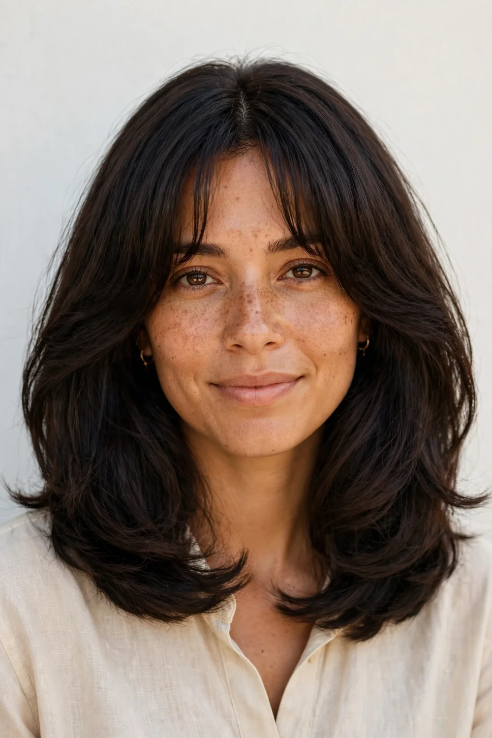 Long bob with curtain bangs on thick hair with internal layers