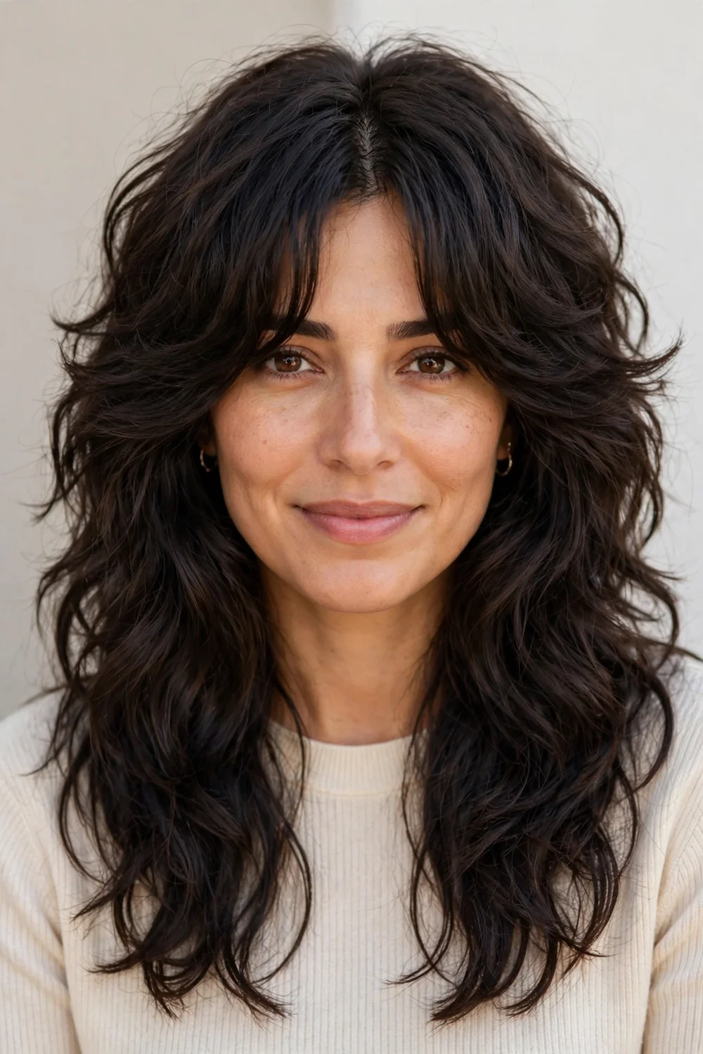 Thick hair shag haircut with curtain bangs