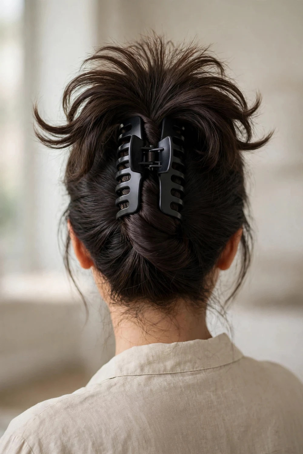 Woman with very thick dark brown long hair twisted up and held by an extra-large black claw clip