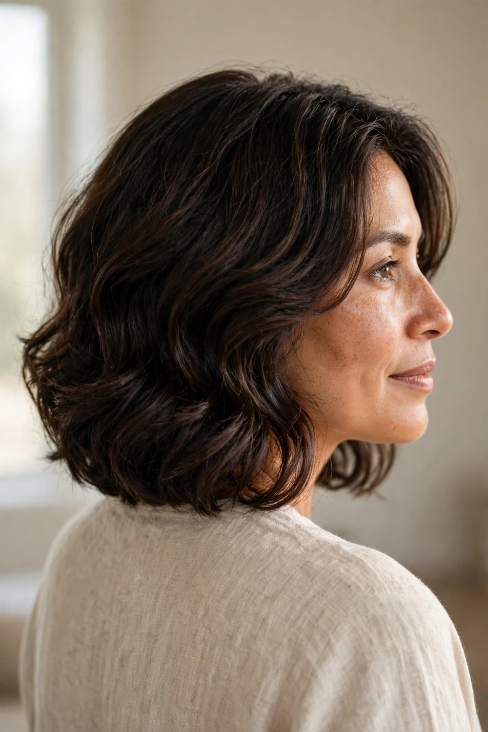 Woman with thick wavy hair in a bob with internal layers