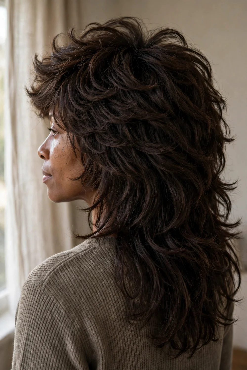Thick layered wolf cut with dense layers on dark brown long hair