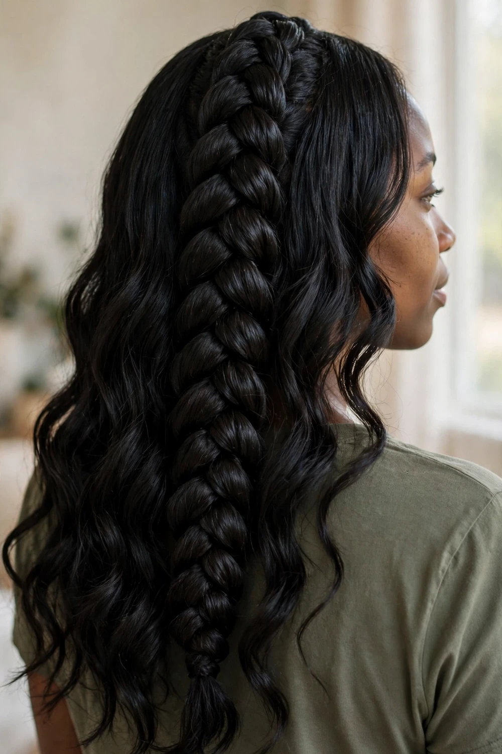One thick chunky statement braid down the center with soft loose waves
