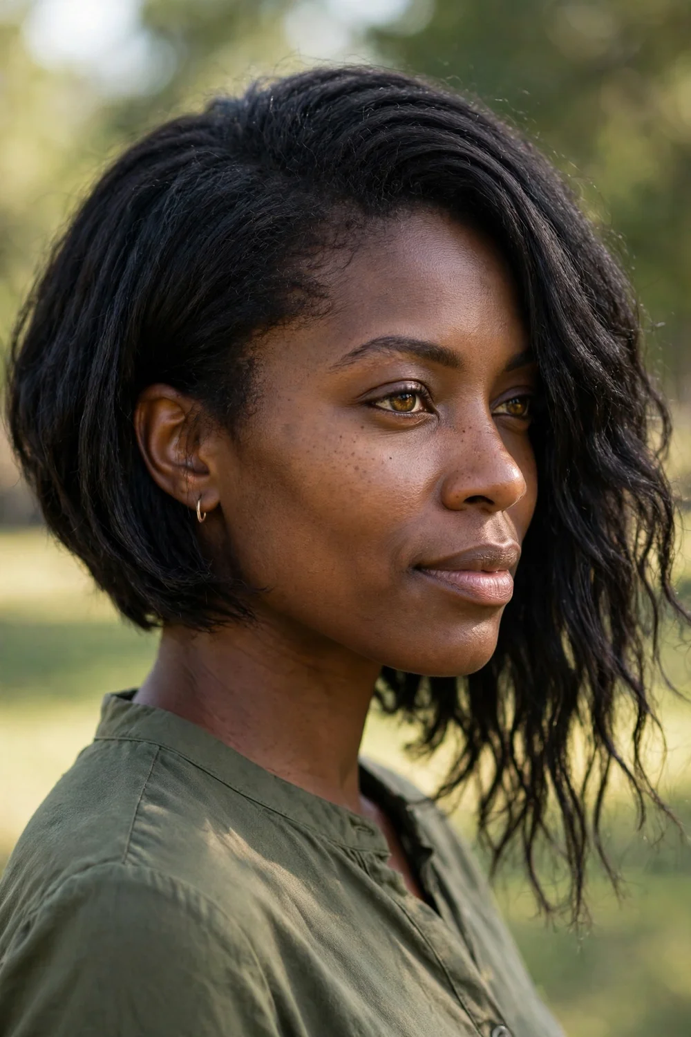 Black woman with a layered asymmetrical bob
