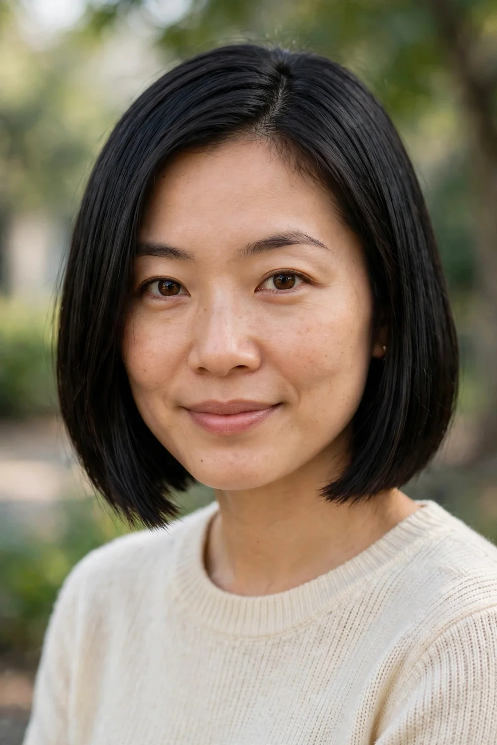 Asian woman with a chin-length cut and blunt ends