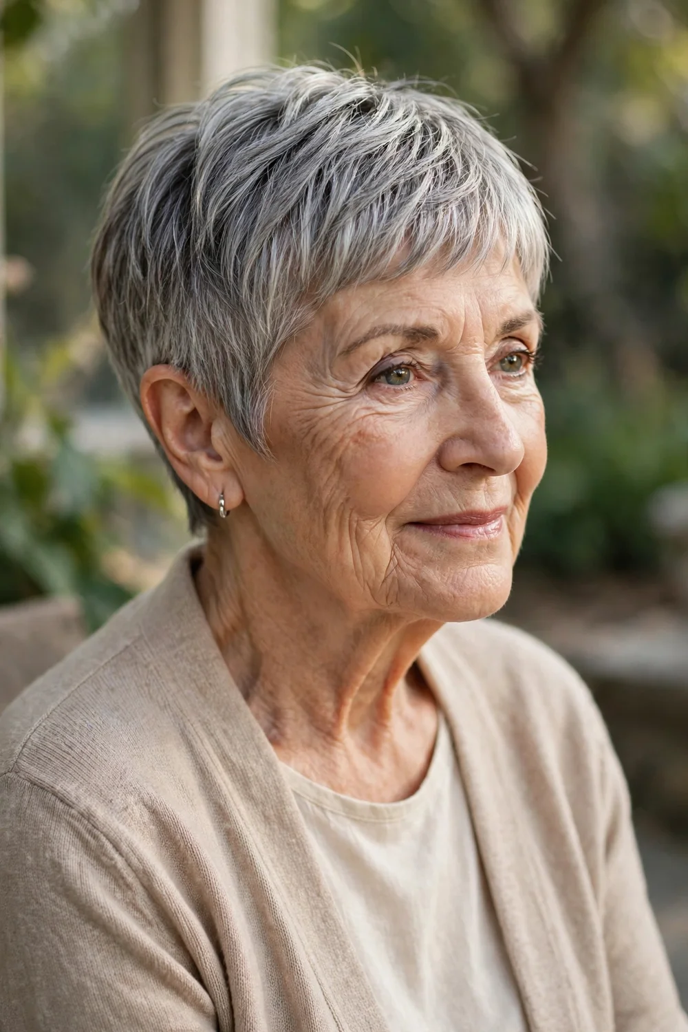 Older woman with a classic pixie cut on thin hair