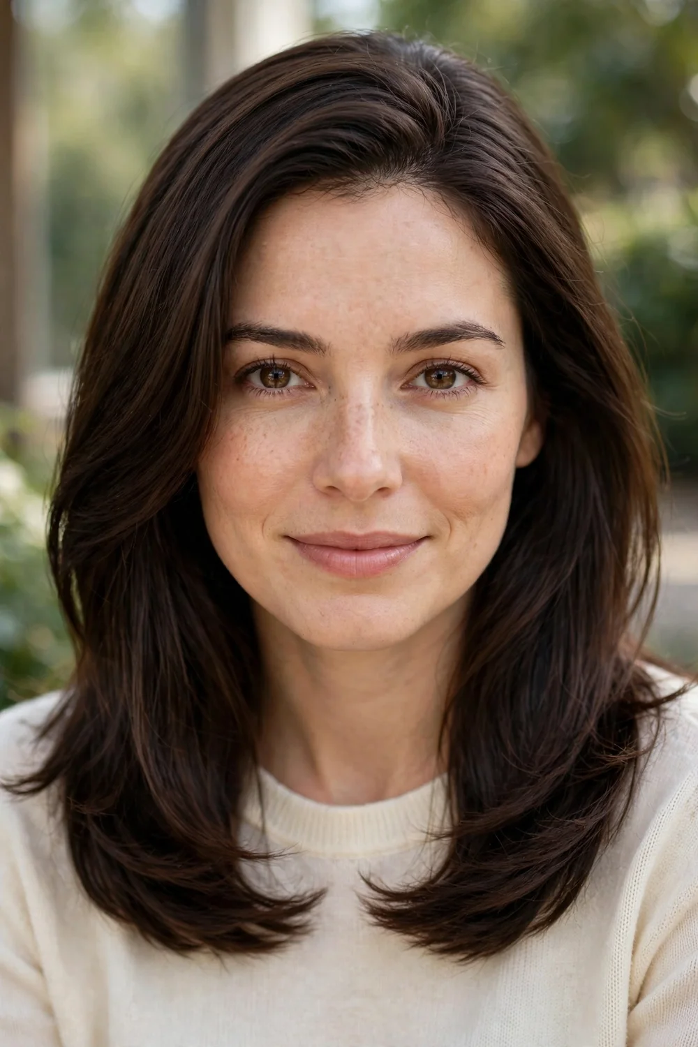 Brunette woman with invisible ghost layers adding hidden volume