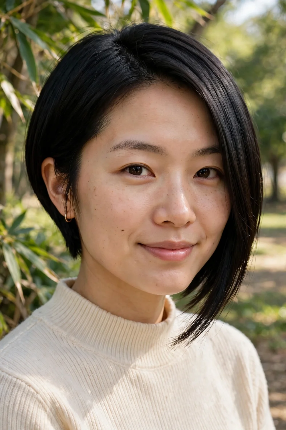 Asian woman with an inverted bob haircut