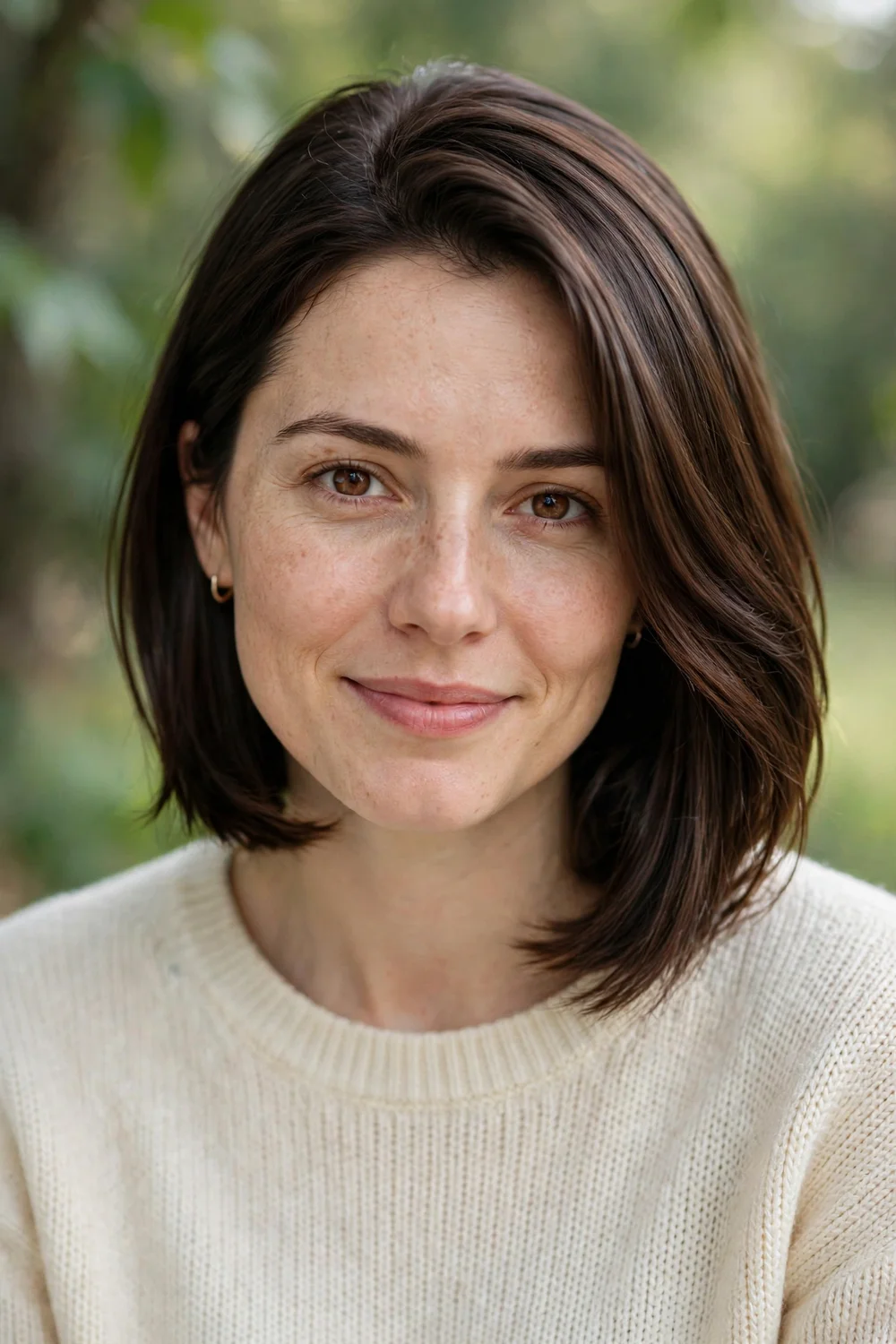 Brunette woman with an inverted lob haircut