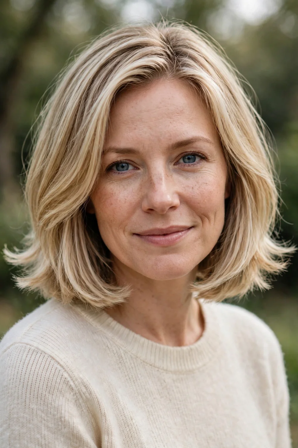 Blonde woman with a haircut featuring layered ends for volume