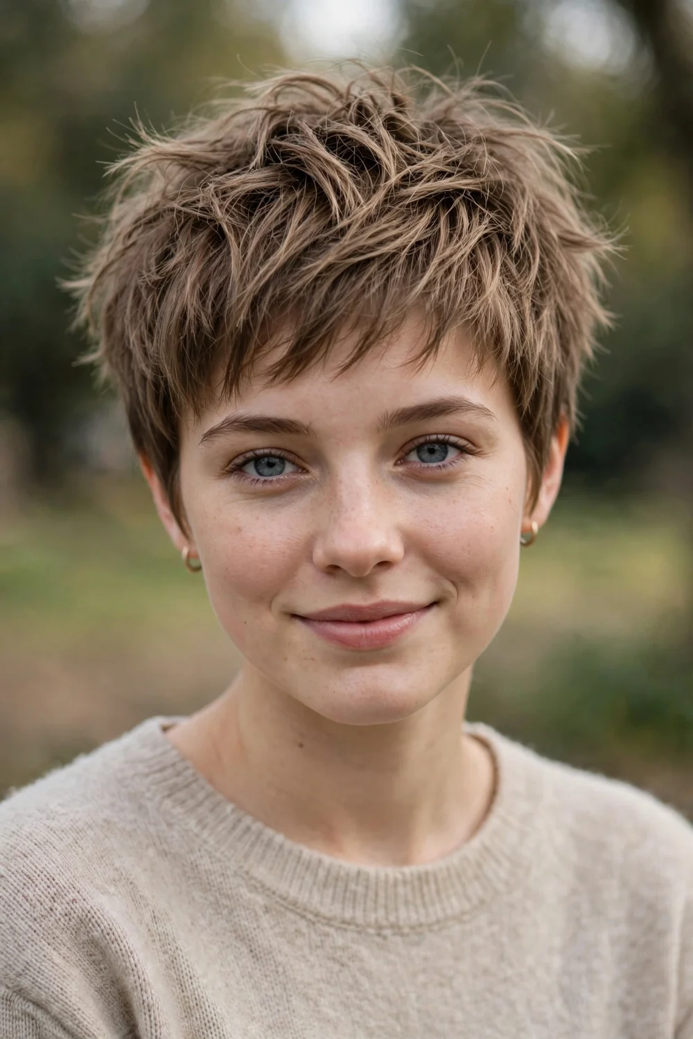 Young woman with a layered pixie and longer textured top