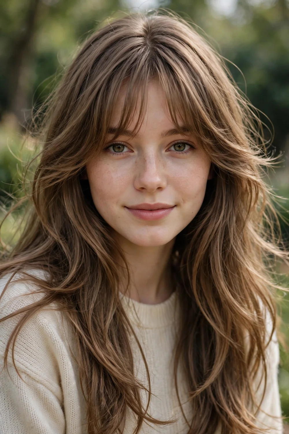 Young woman with long layers and curtain bangs