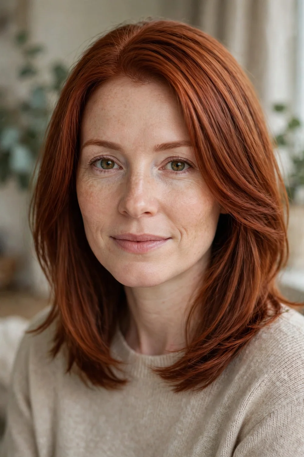 Redhead woman with subtle micro layers in her haircut
