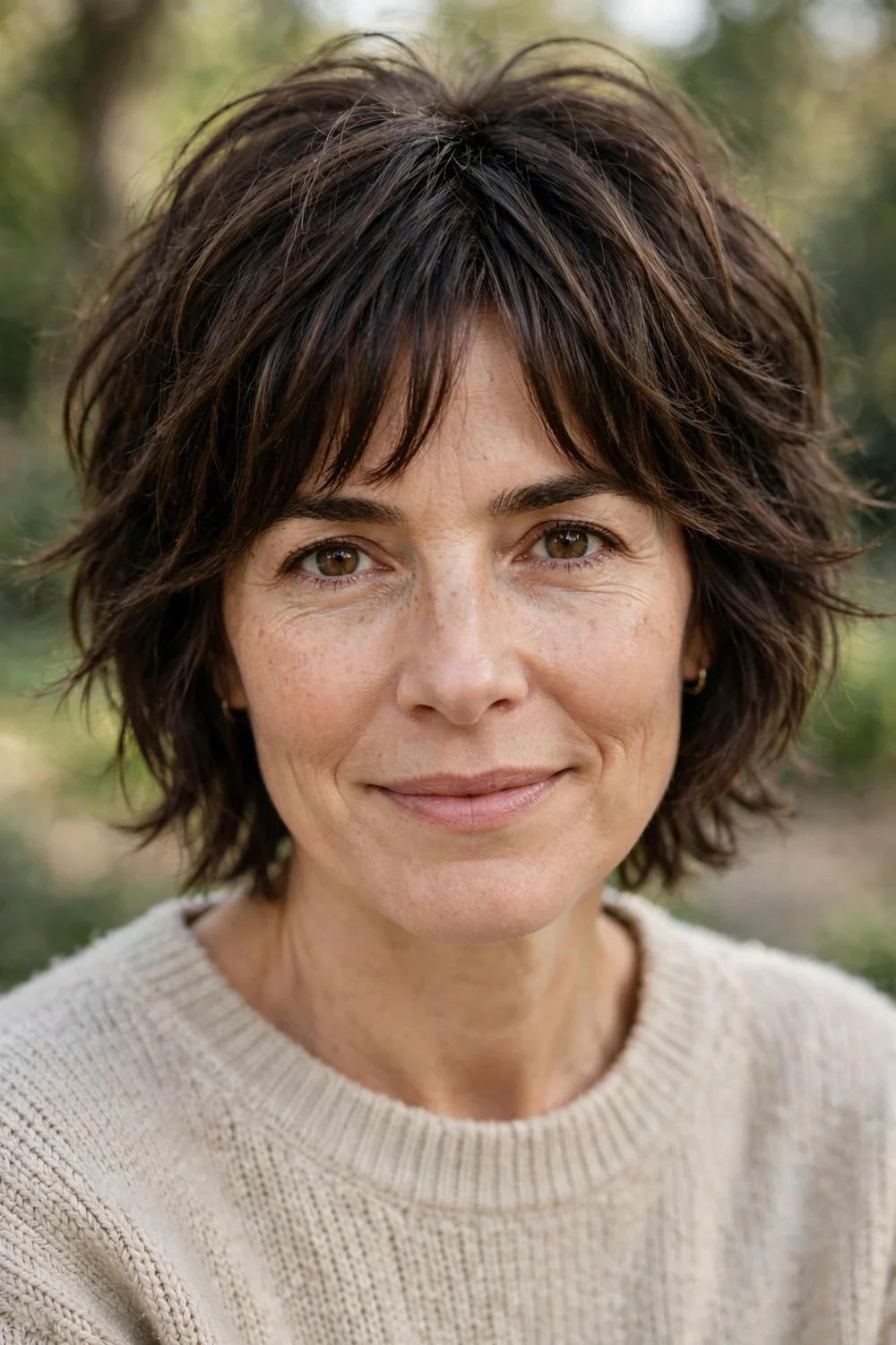 Woman in her forties with a short shag haircut