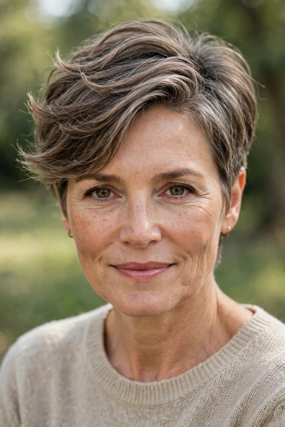Middle-aged woman with a side-swept pixie cut
