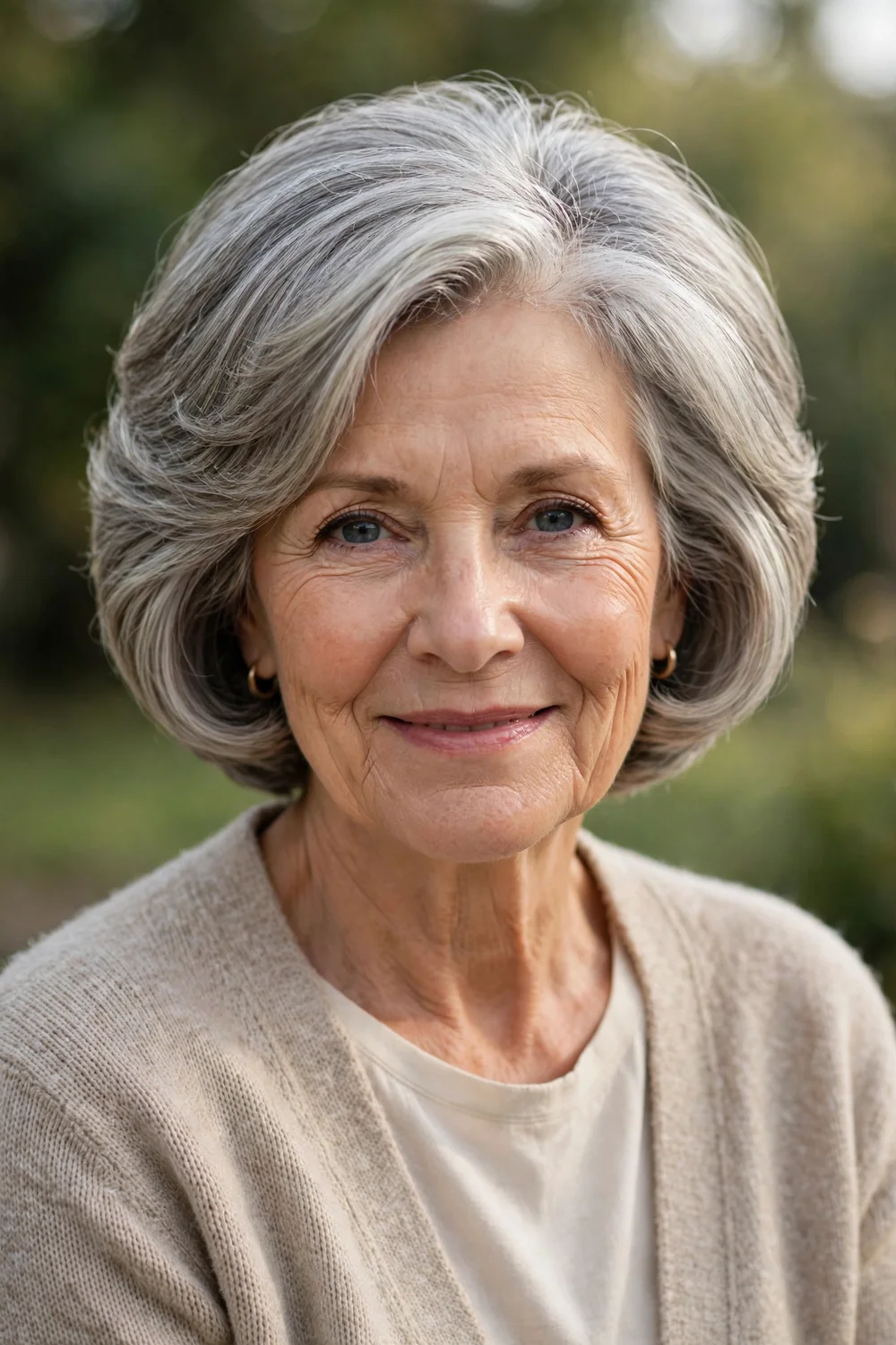 Older woman with a stacked bob haircut