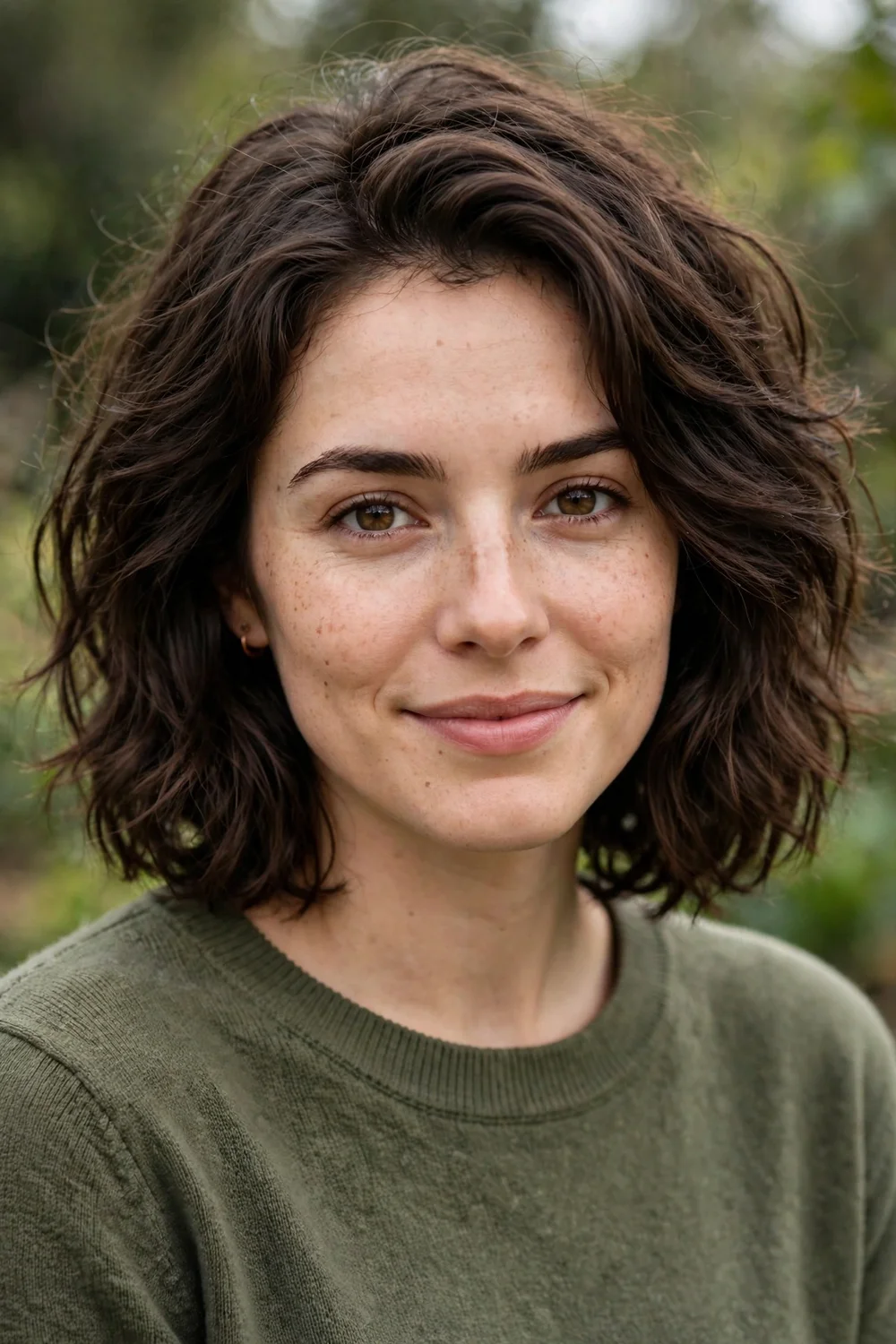 Brunette woman with a textured lob haircut