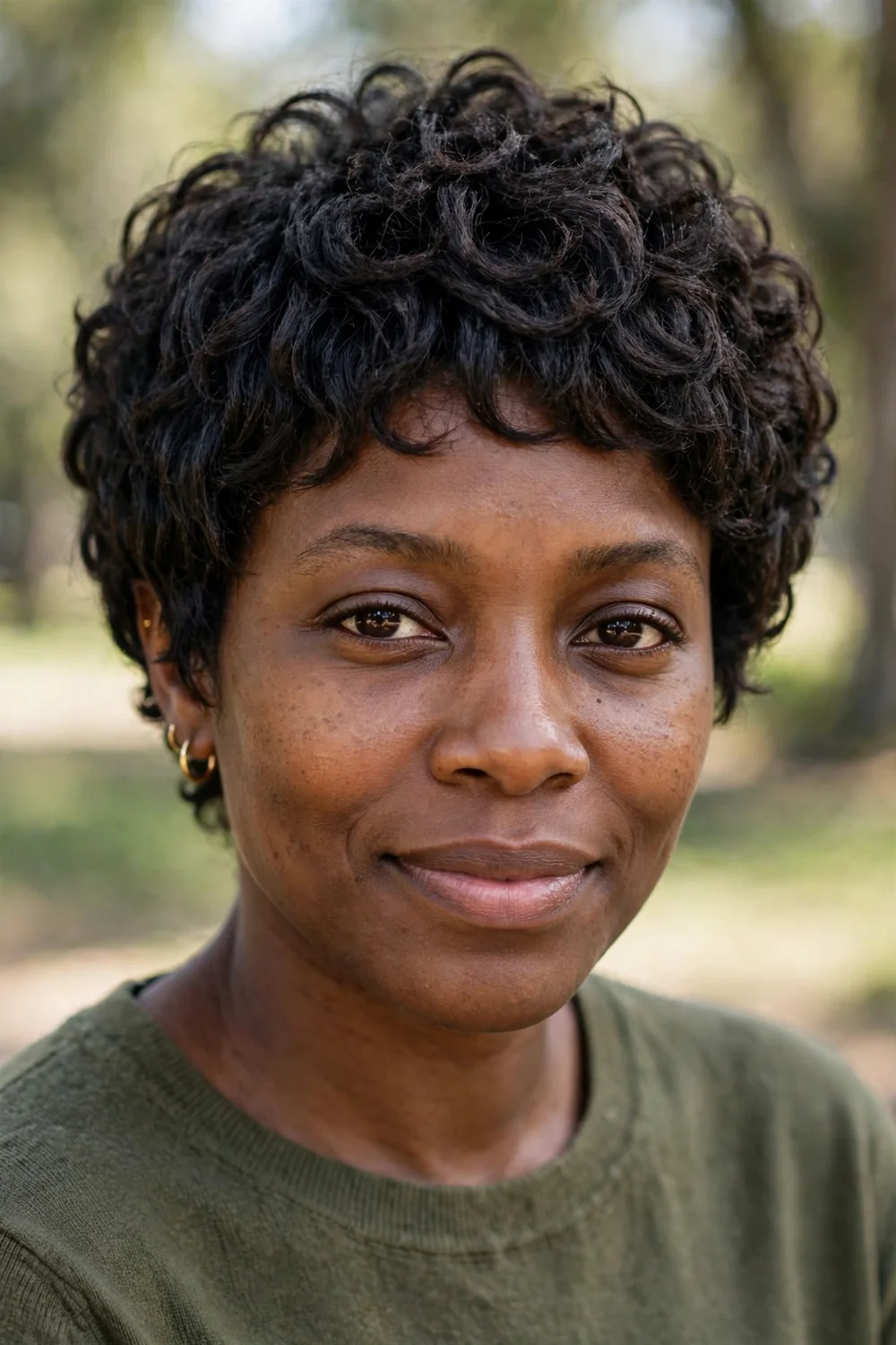 Black woman with a textured pixie on coily hair
