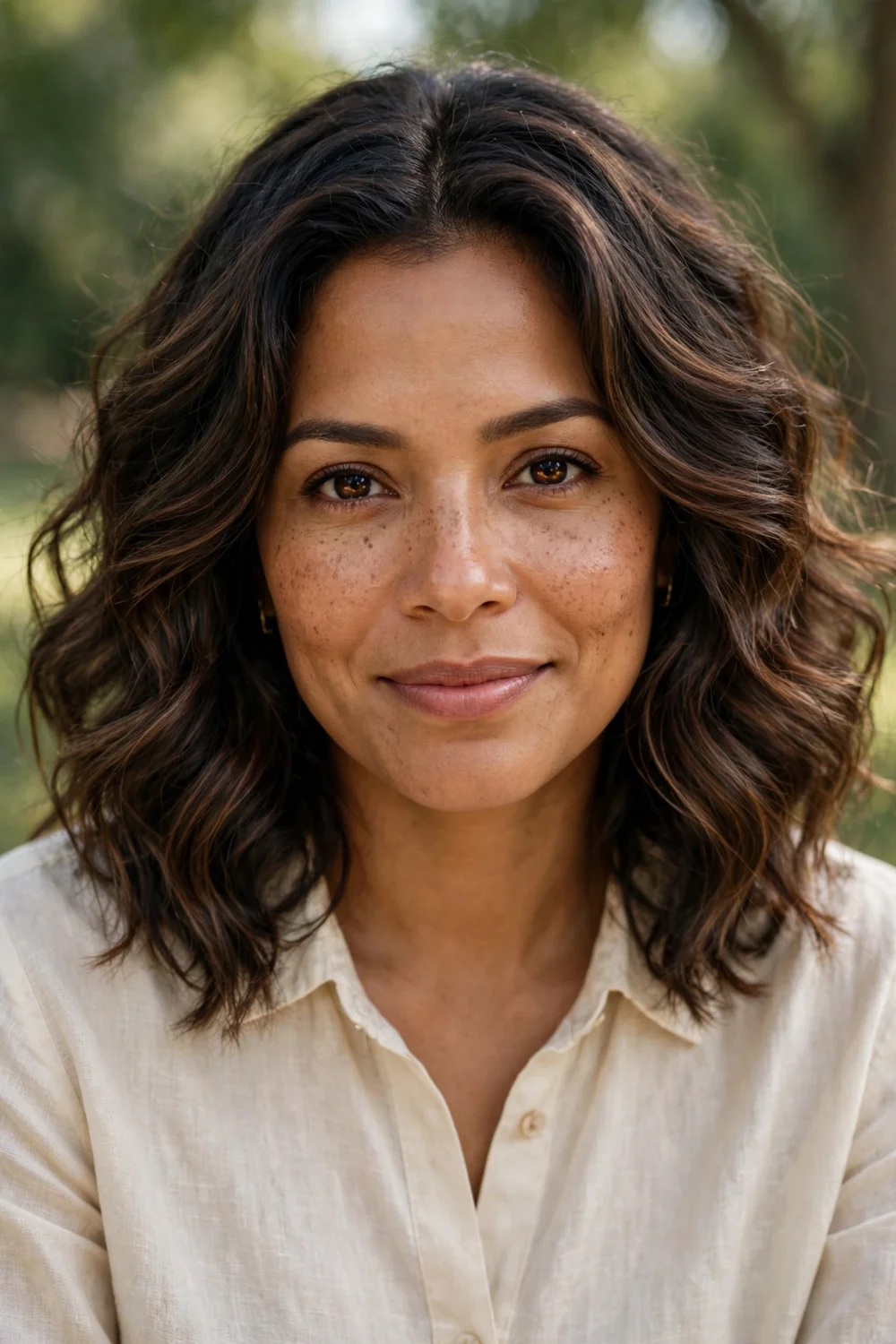 Latina woman with a wavy lob haircut