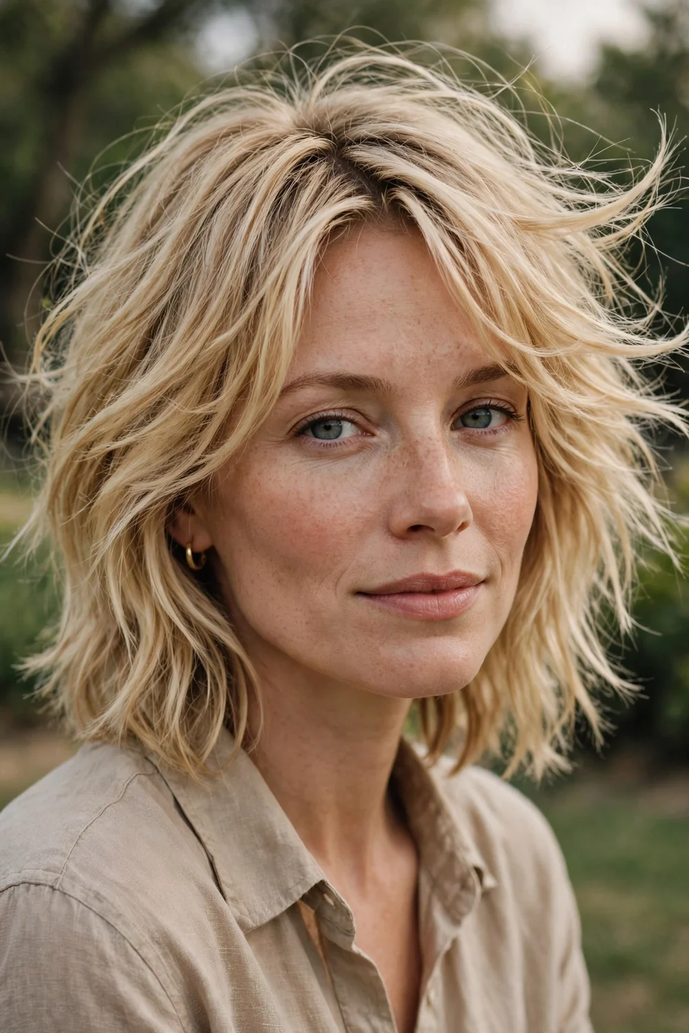 Blonde woman with a windswept shag haircut parted to the side