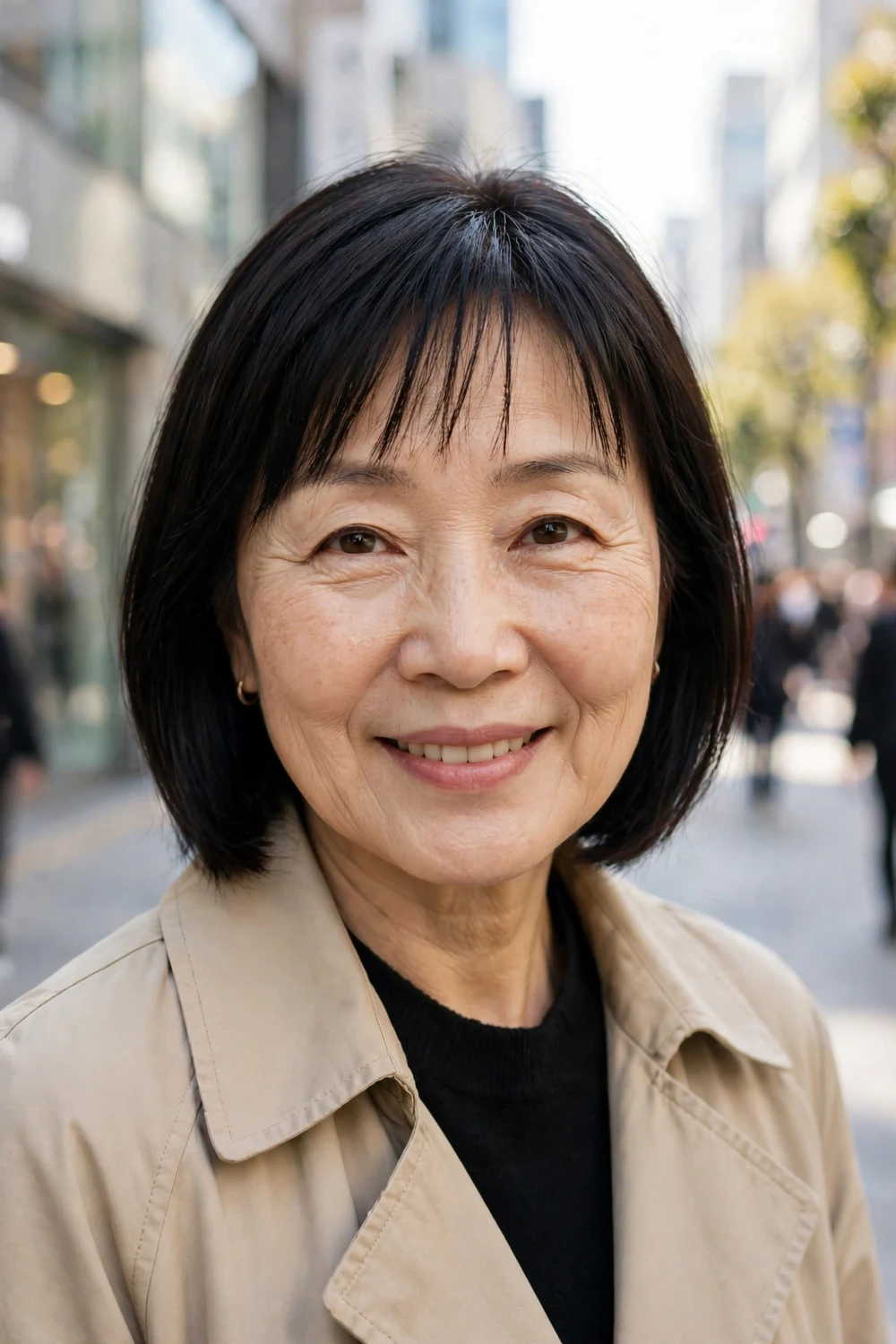 East Asian woman in her late 50s with dark thin straight bangs and a sleek lob