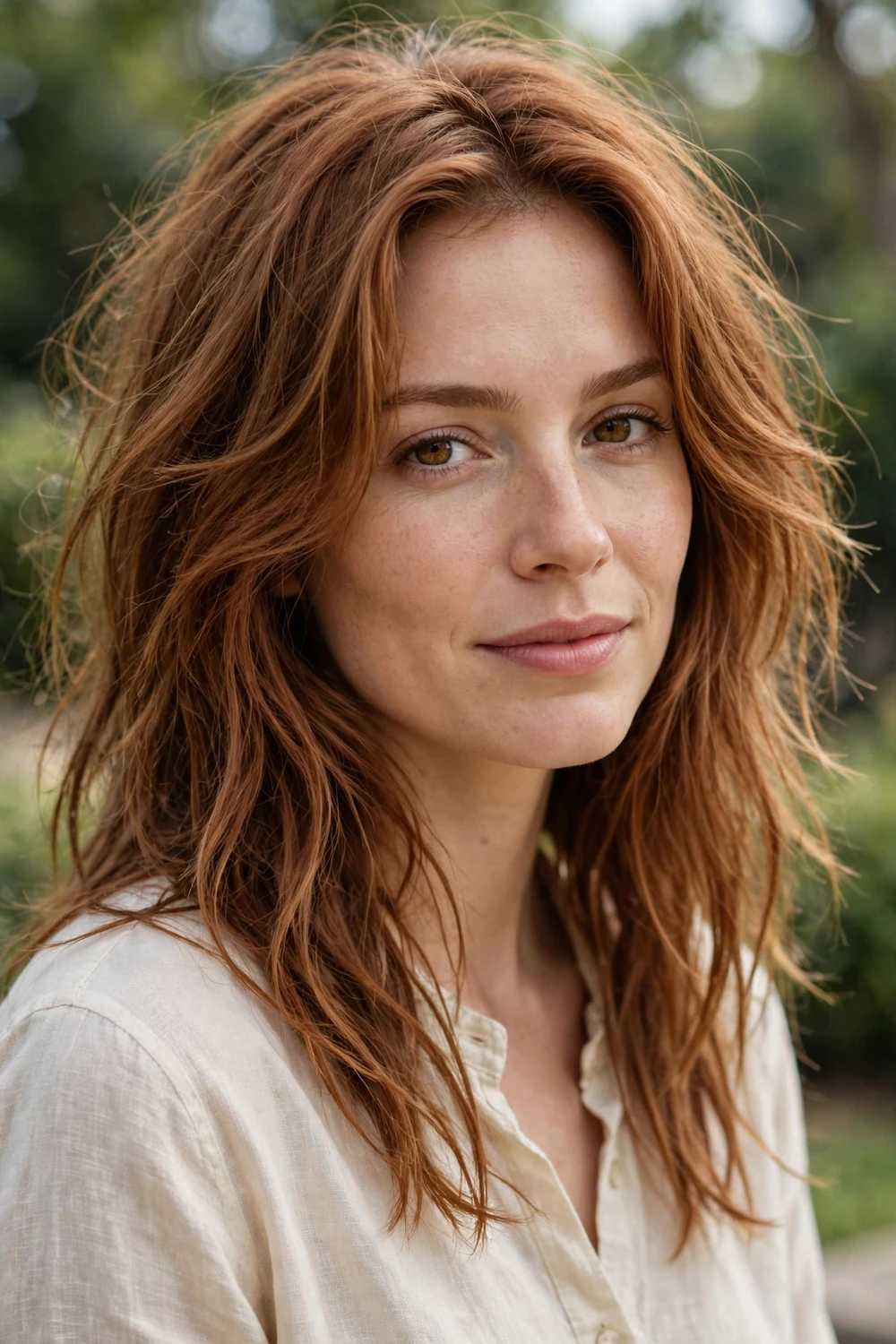 Woman with long thick auburn hair with thinned-out tousled layers, three-quarter view