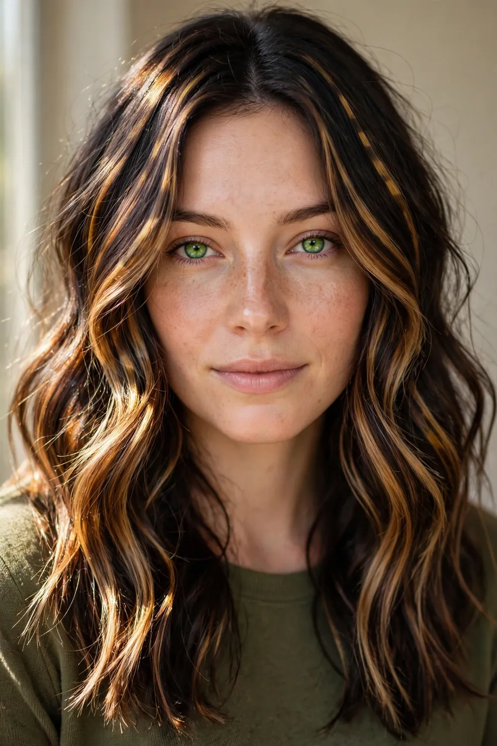 Tiger eye honey balayage with bronze caramel and honey tones on dark hair