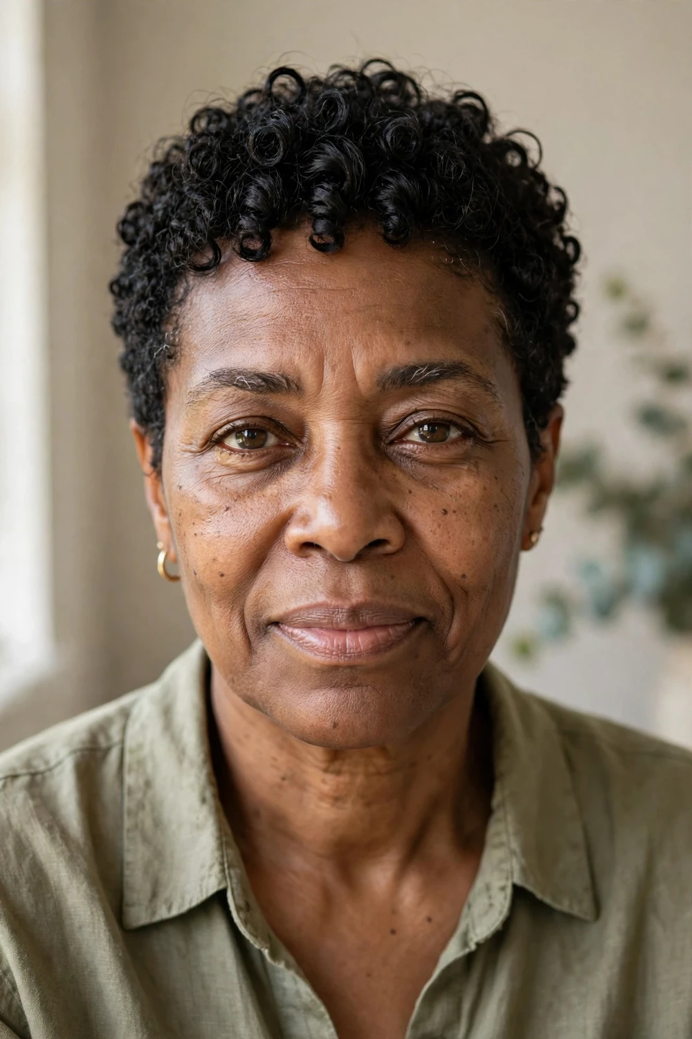 Black woman in her 50s with a tight-coil curly pixie, short coiled curls