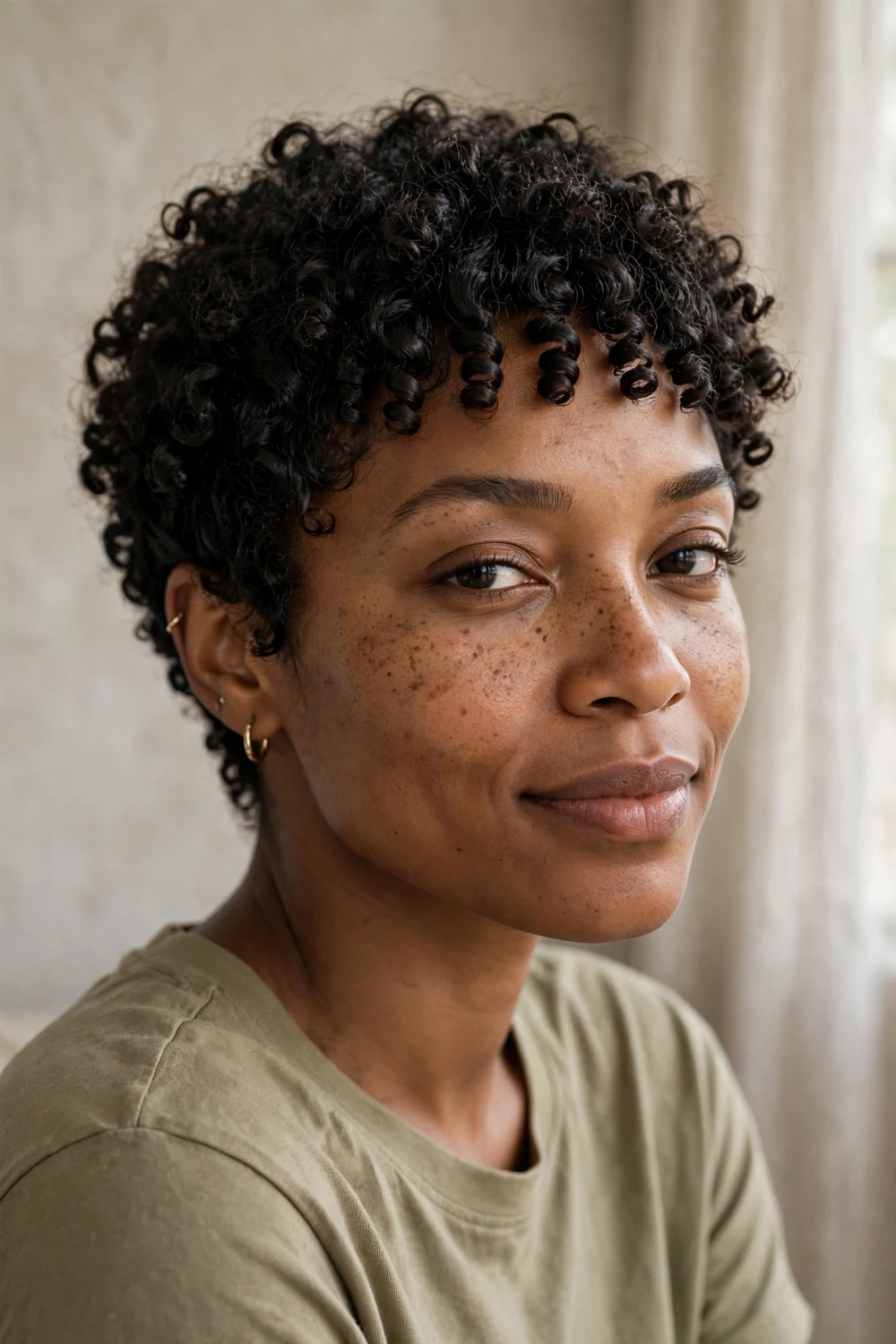 Tight-coil curly pixie with short coily bangs