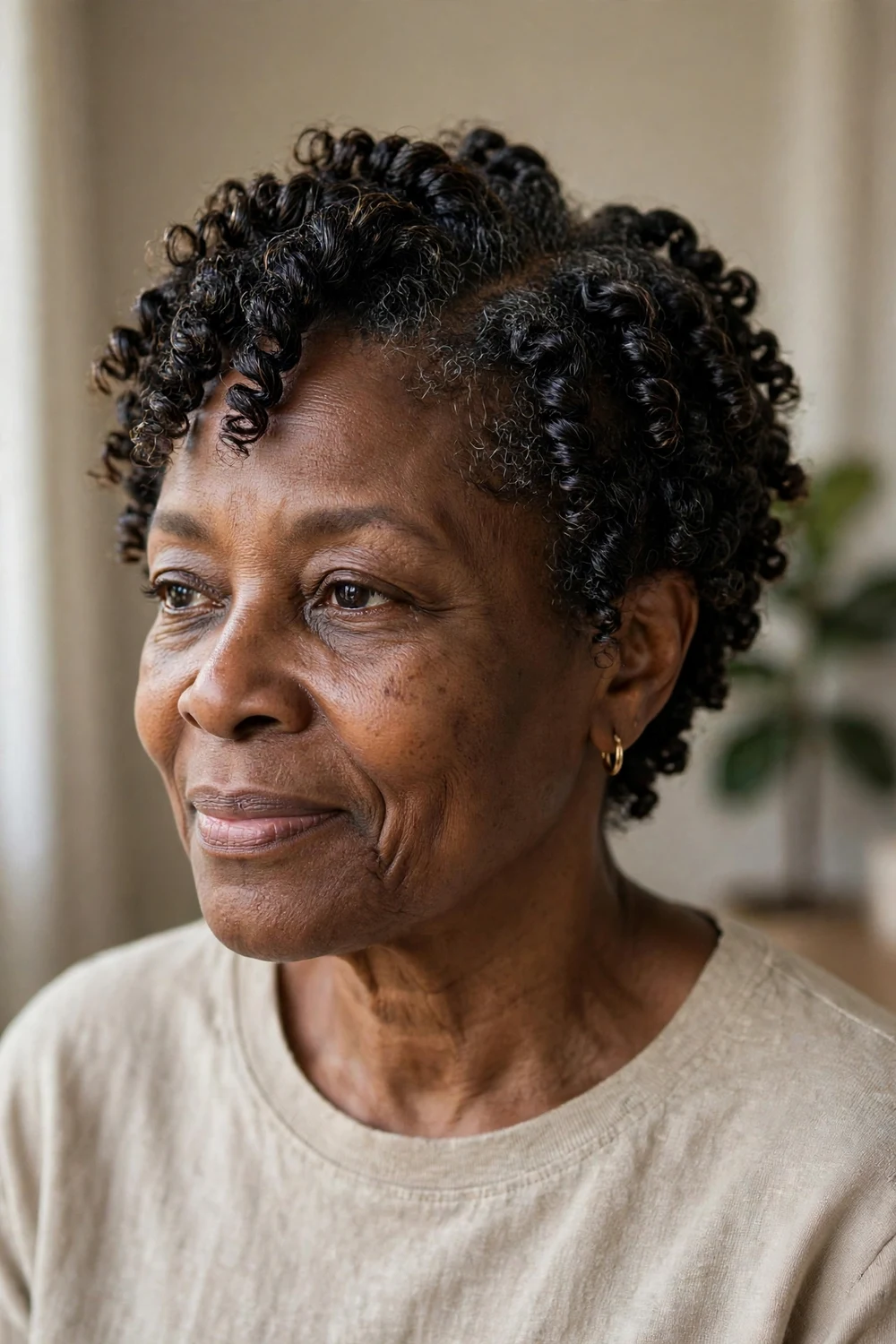 Older Black woman with defined tight coils