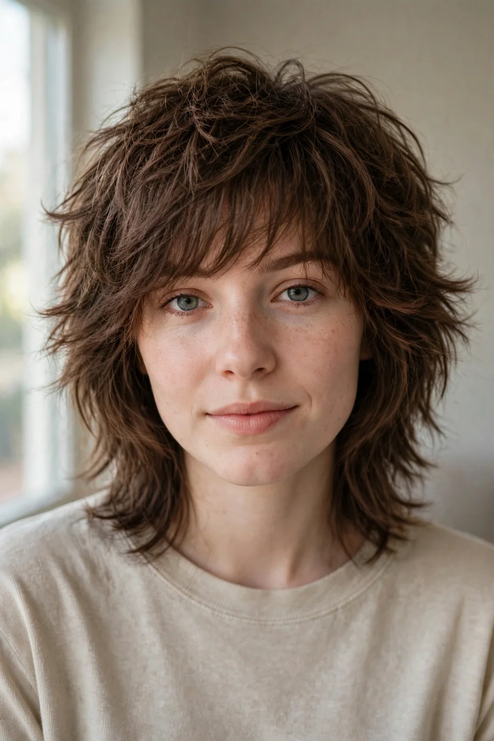 TikTok wolf cut with disconnected shaggy layers and curtain fringe on brown hair