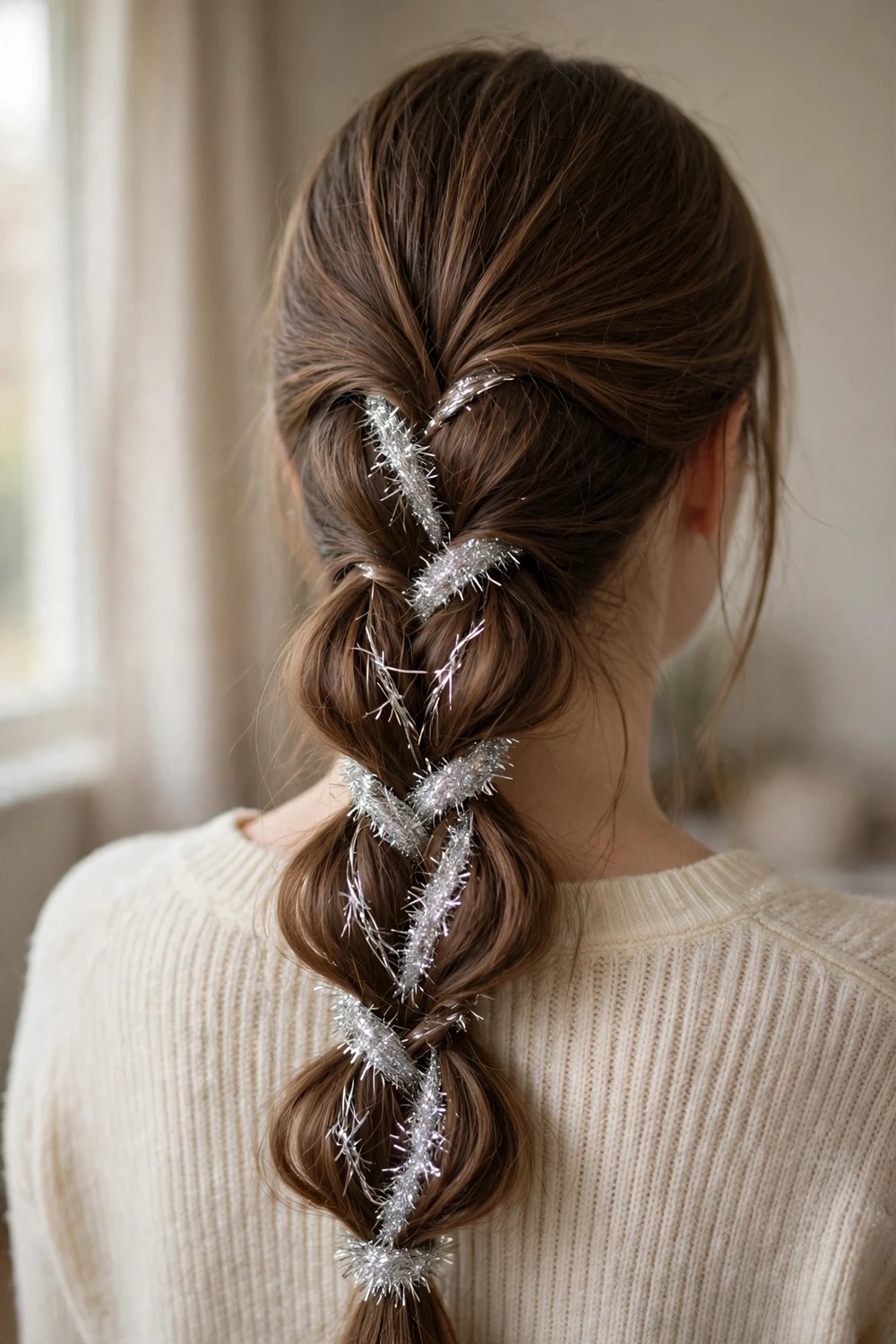 Pull-through braid with sparkling silver tinsel woven through the sections