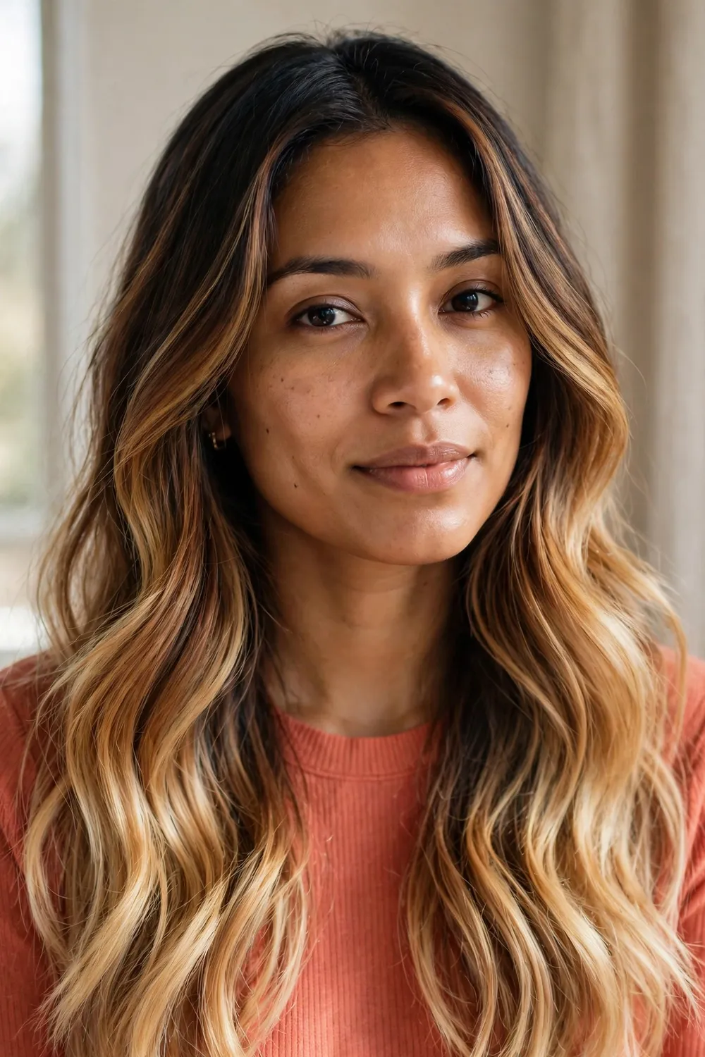 Toasted coconut balayage with dark roots caramel mids and bright honey ends