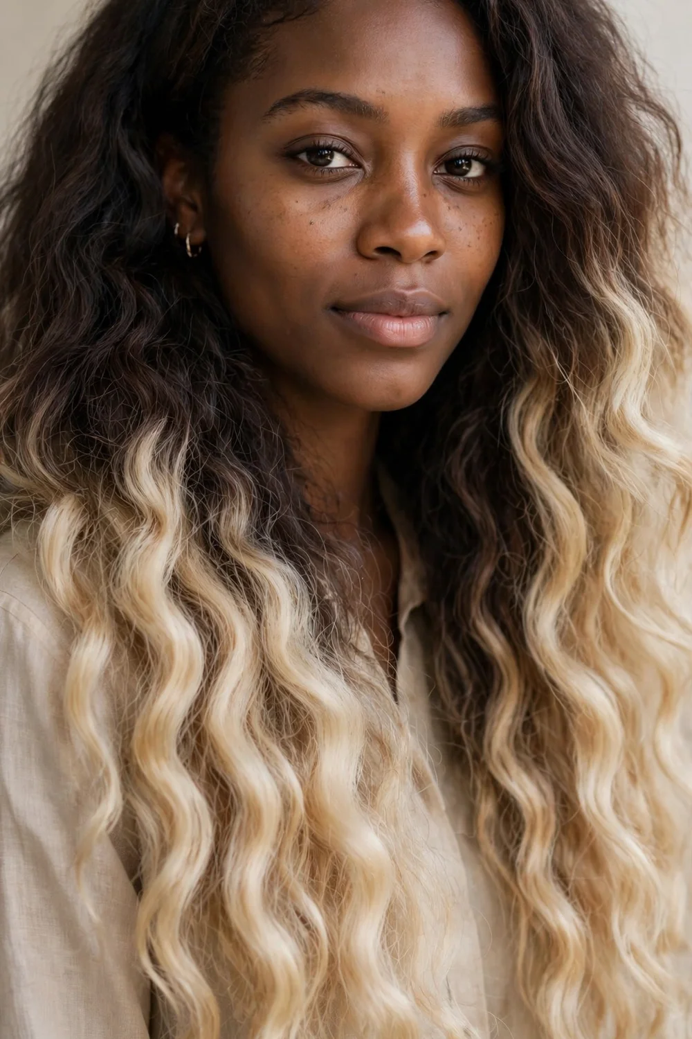 Woman with deep brown roots melting into bright toasted coconut blonde ends, natural daylight