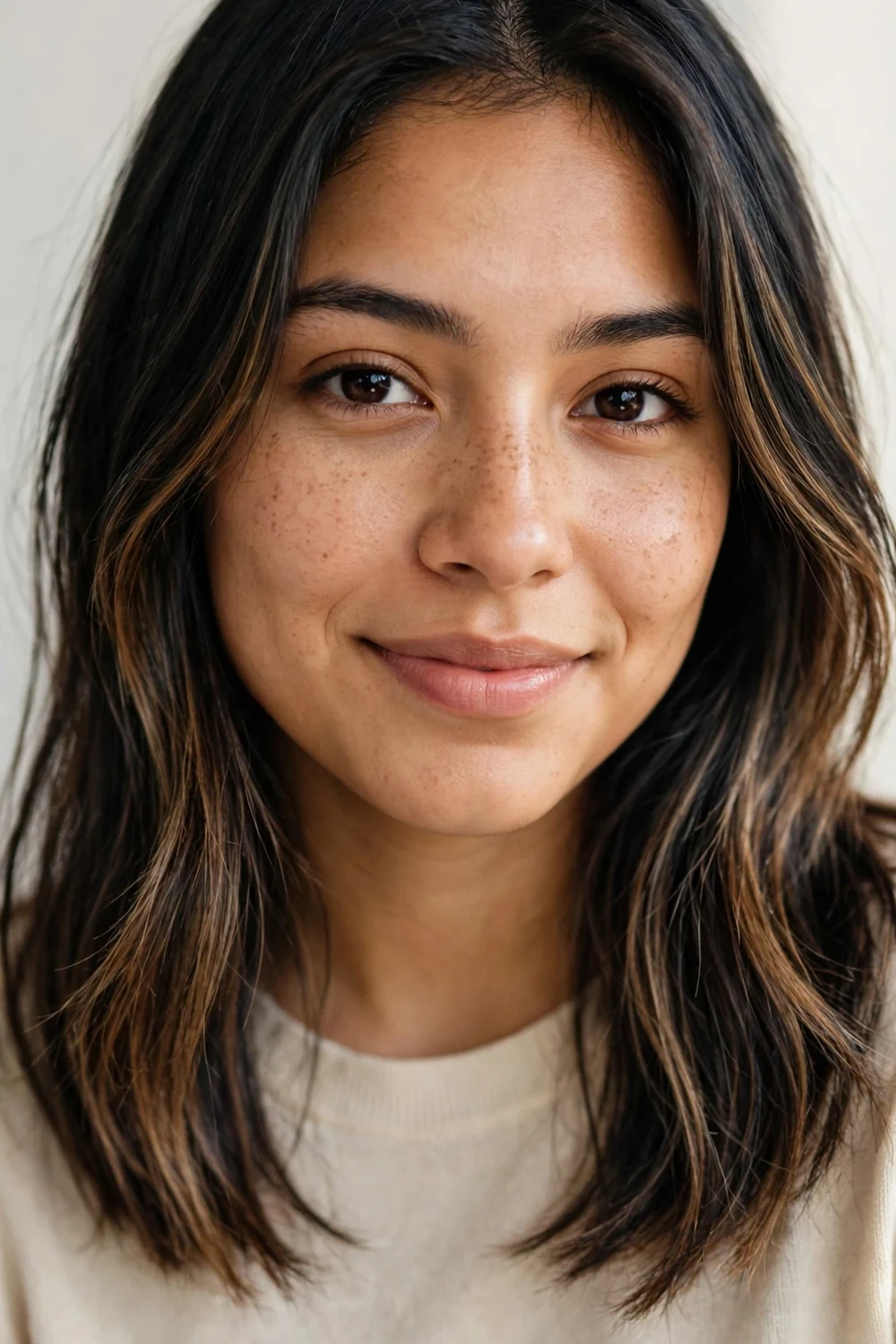 Hispanic woman with medium-length black hair and creamy toffee-brown highlights