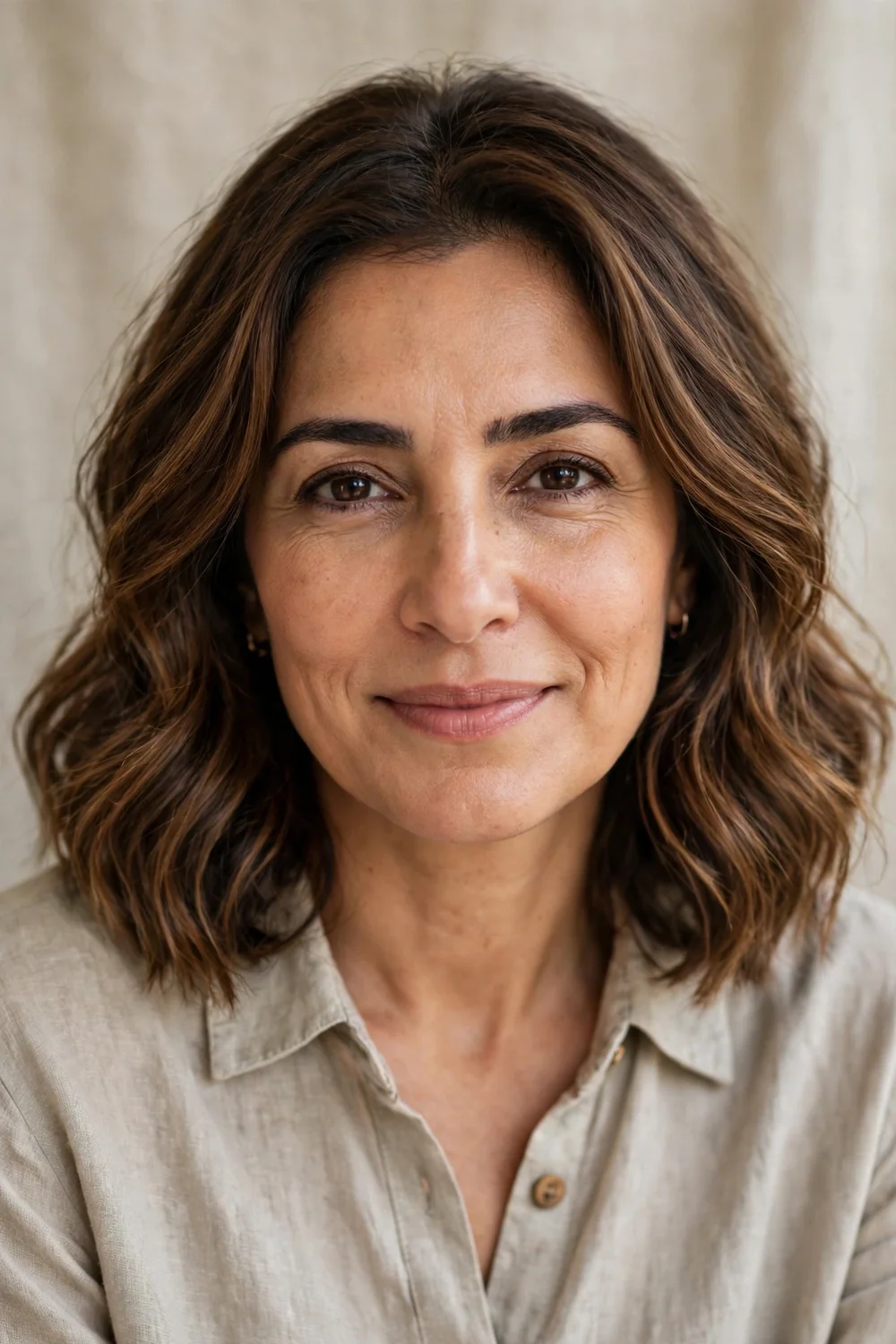 Woman with toffee foilayage highlights and a shadowed root smudge on brown hair, natural daylight
