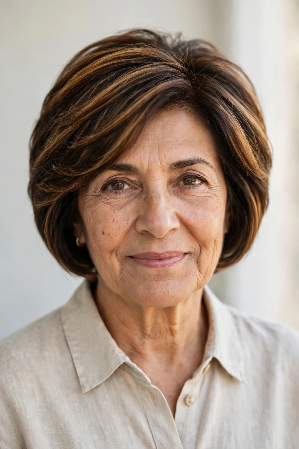 Stacked bob haircut with toffee highlights for dimension