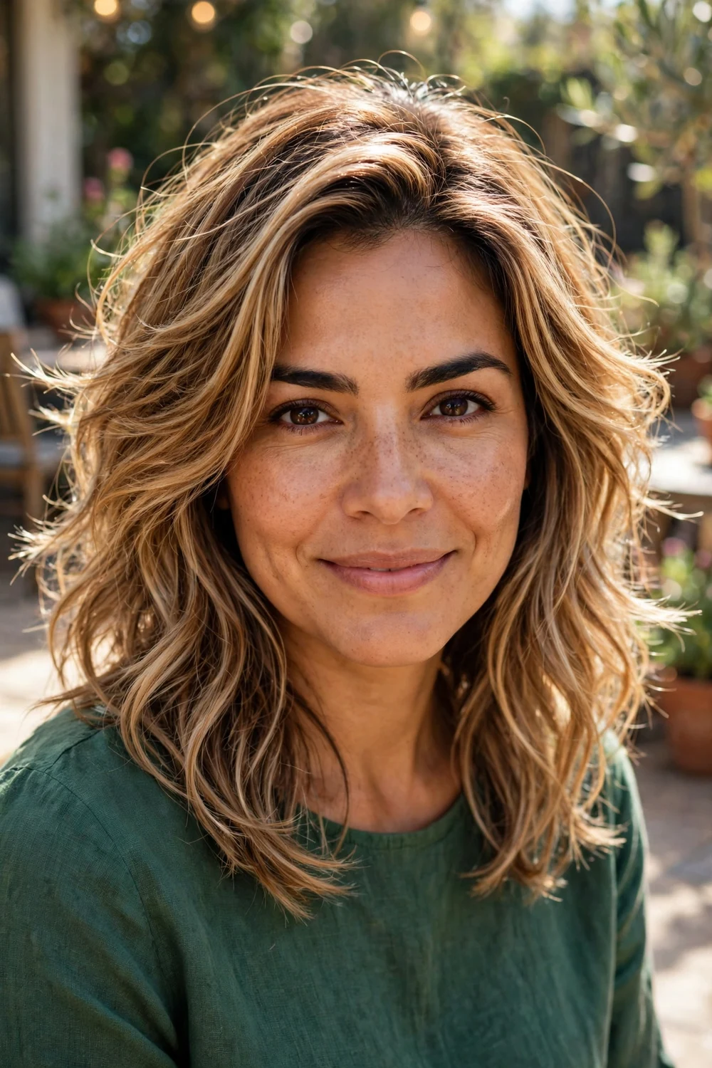 Latina woman in her mid 30s with layered shoulder-length dirty blonde hair and rich warm toffee blonde highlights