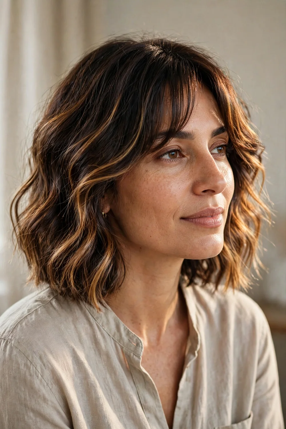Woman with dark brown wavy lob, toffee balayage and curtain bangs