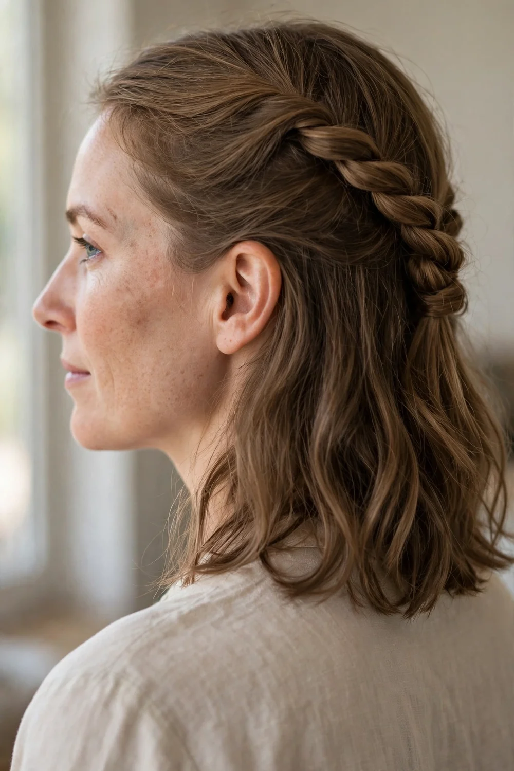 Woman with light brown medium-length hair in a top half twist