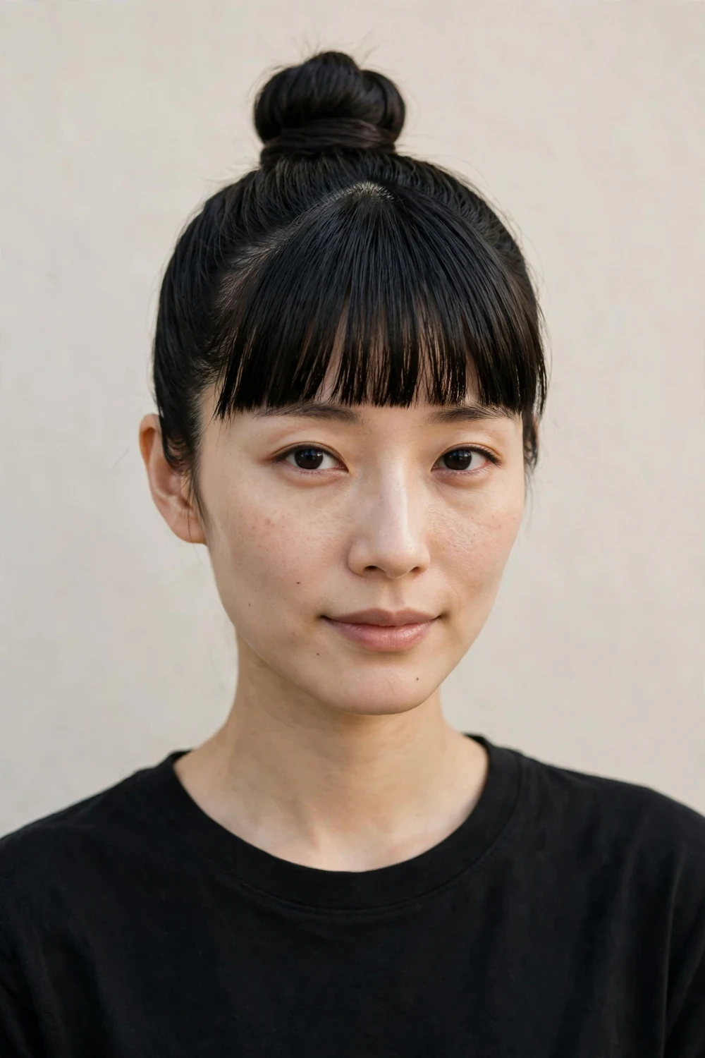 East Asian woman in her late twenties with an oblong face and long black hair in a top knot with full bangs