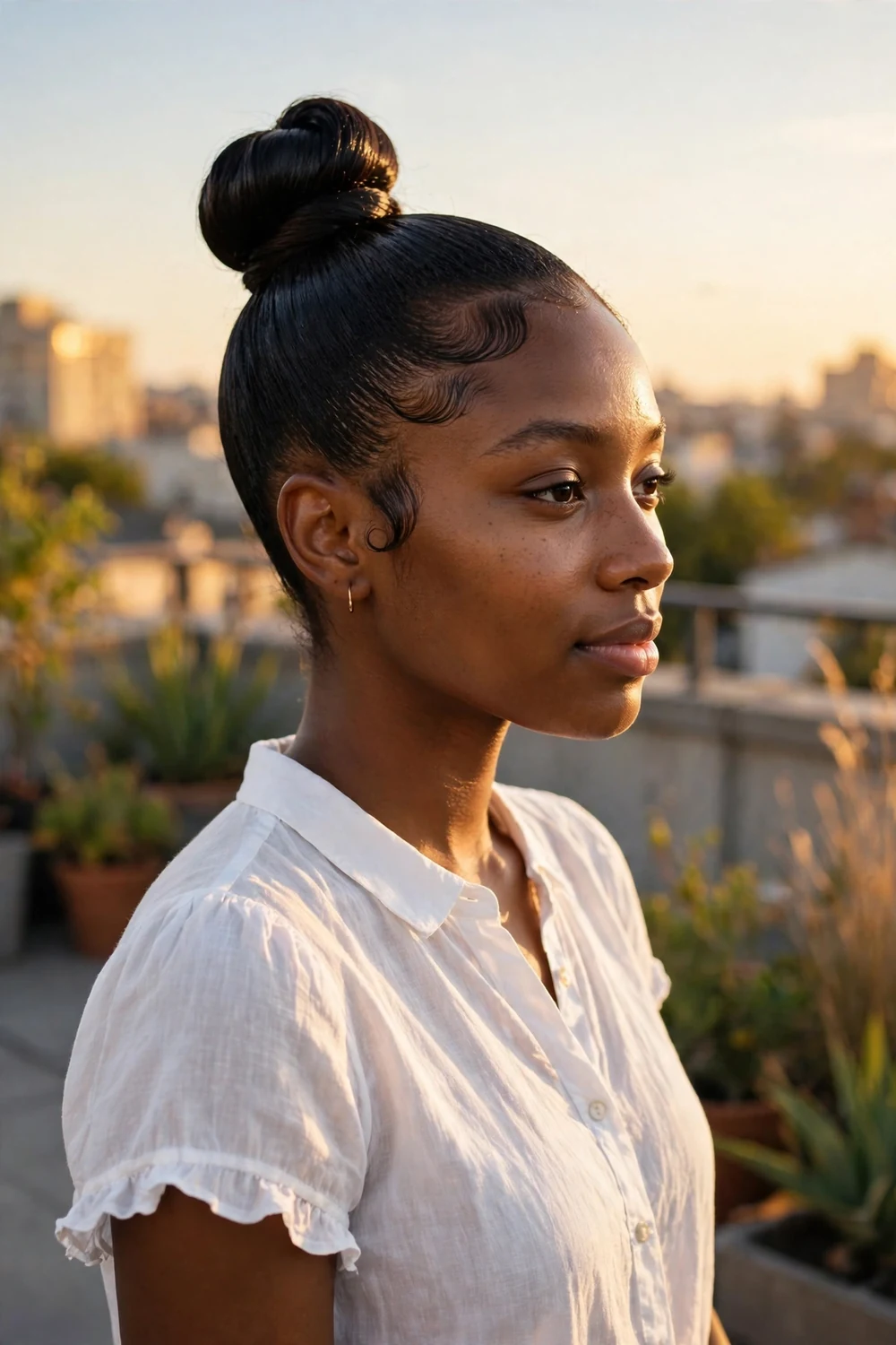 Woman with a high top knot bun, sleek summer updo