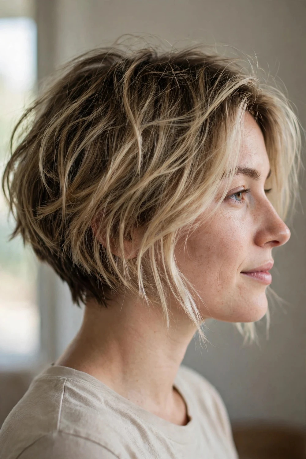 Tousled angled bob on a woman with a round face, dark blonde hair with airy bedhead texture