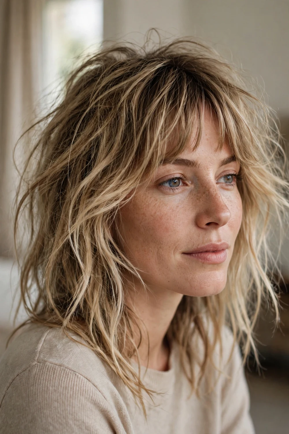 Woman with tousled bedhead texture and bottleneck bangs