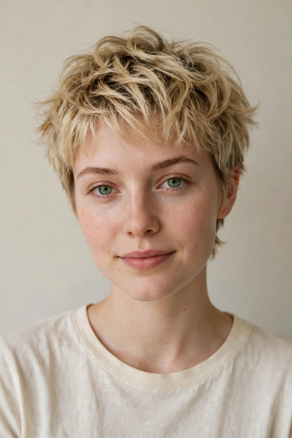Woman in her twenties with a blonde textured crop styled in tousled texture